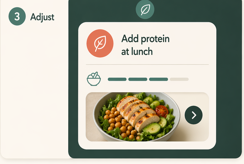 Avela adjust step showing a coaching recommendation to add protein at lunch