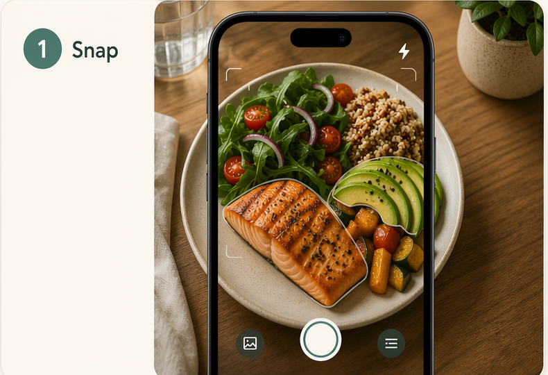 Avela snap step showing a phone camera capturing a balanced meal