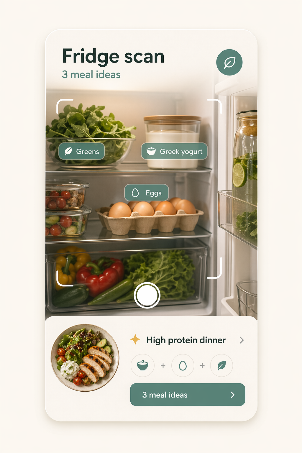 Avela fridge scan showing ingredients and a high protein dinner idea