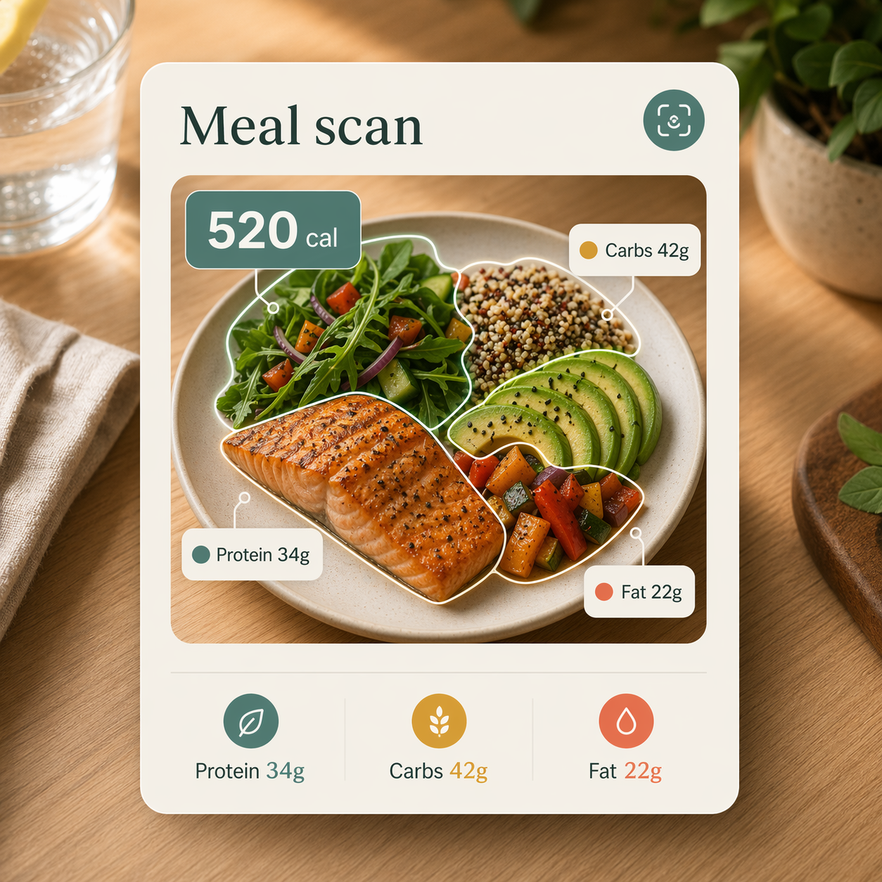 Avela meal scan showing calorie and macro estimates over a balanced salmon plate
