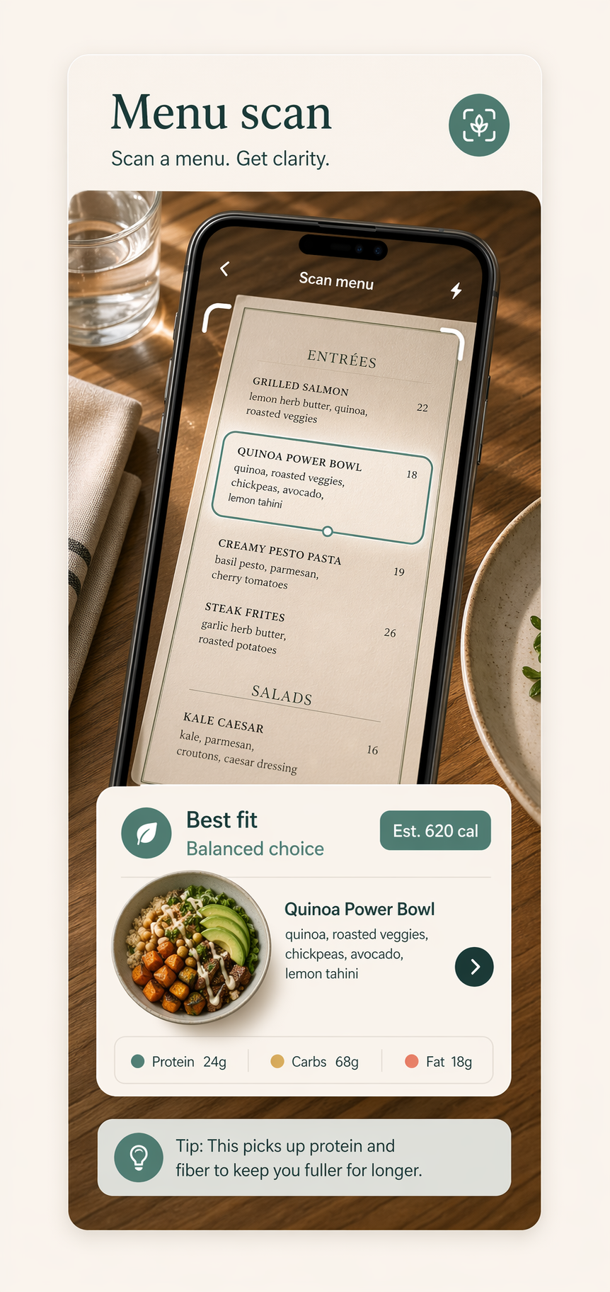 Avela menu scan recommending a balanced restaurant choice