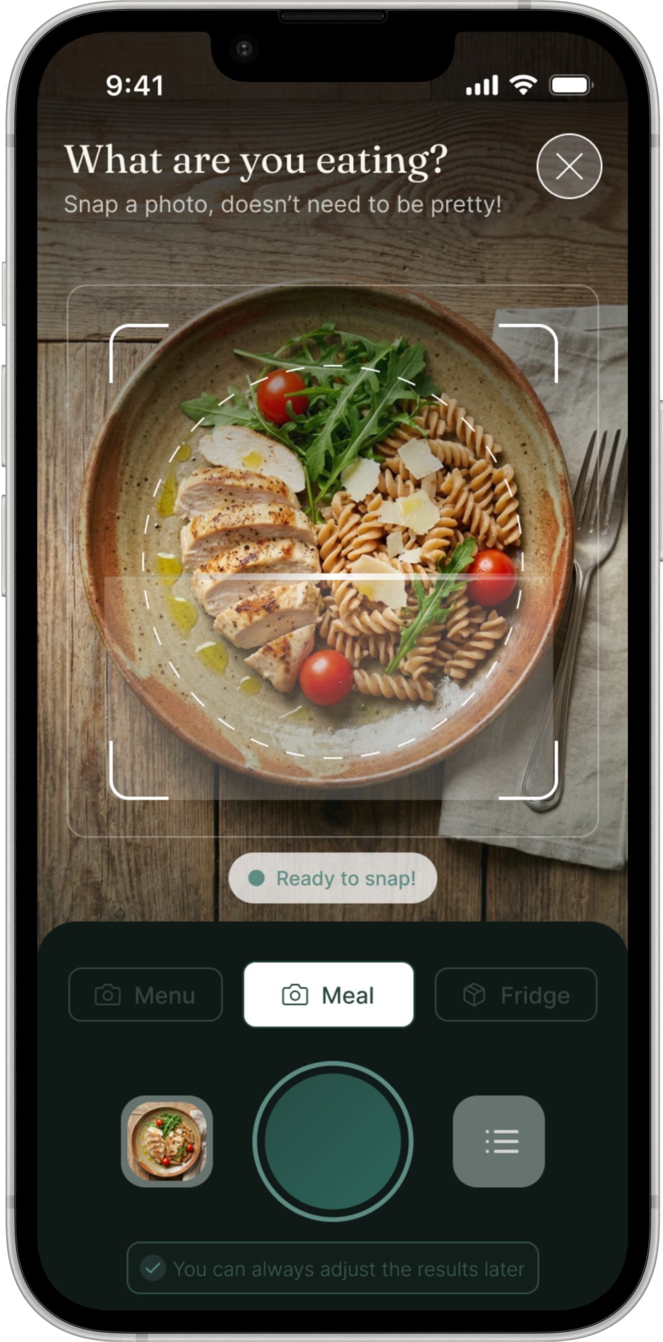 Avela meal logging screen